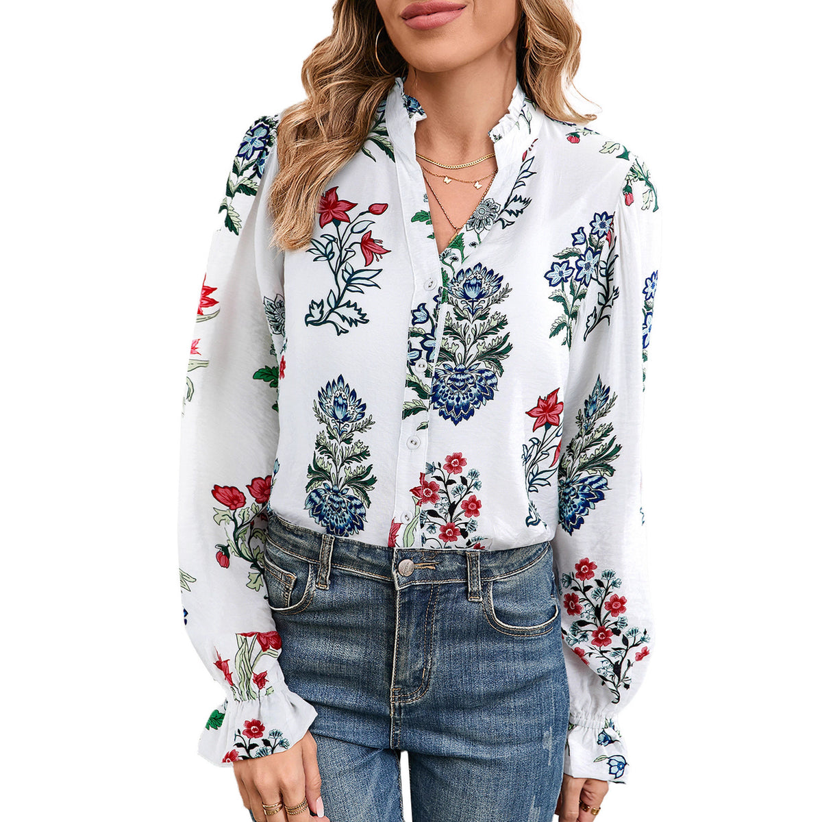 Women's chiffon blouse front view in white with multicolor floral print, split neckline