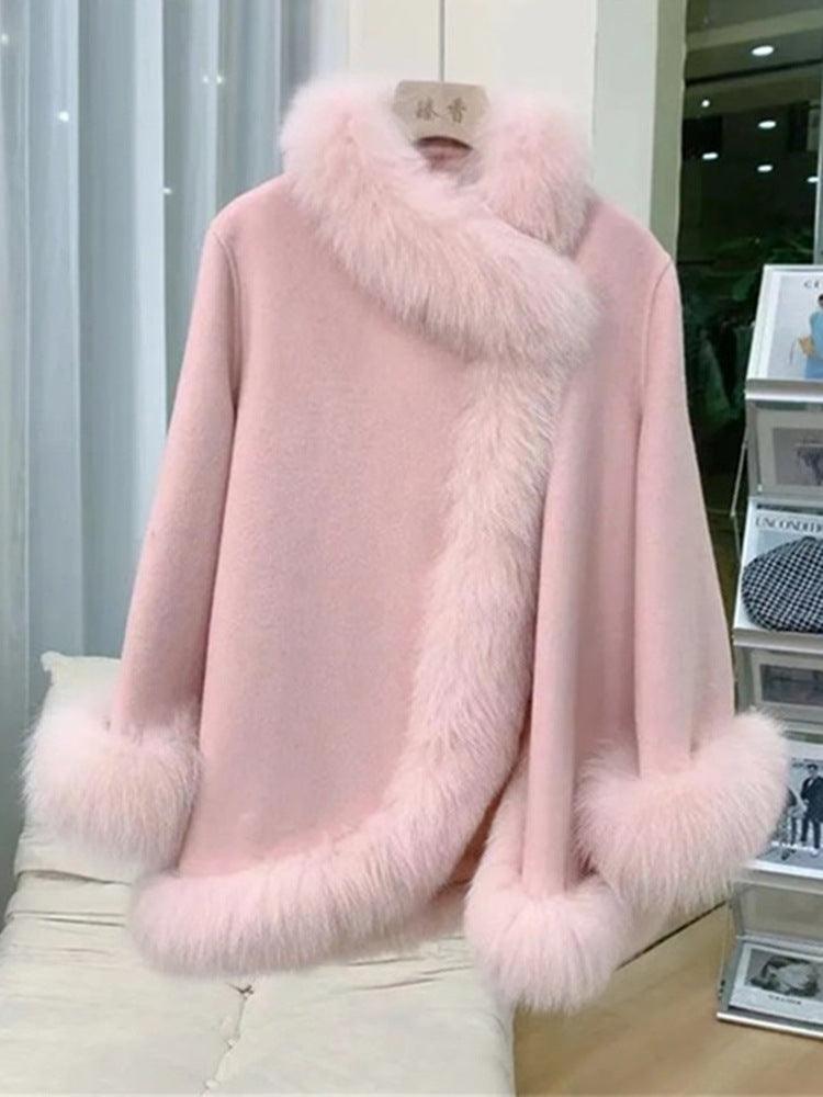 Women’s mid-length faux fur coat in blush pink, high collar, long sleeves, open front