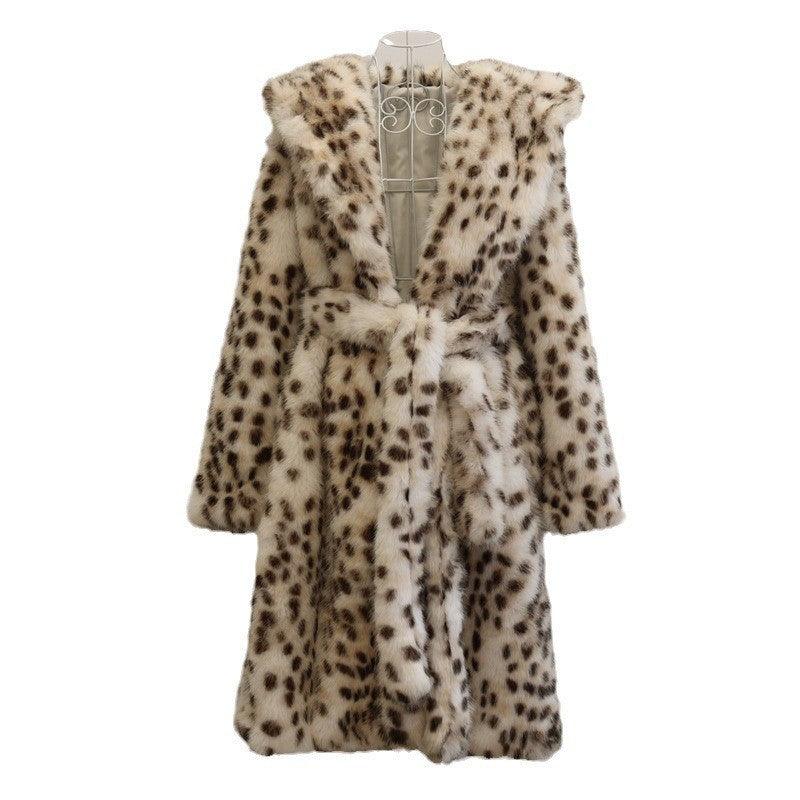 Leopard-print faux fur coat with hood and front opening, shown on a hanger.