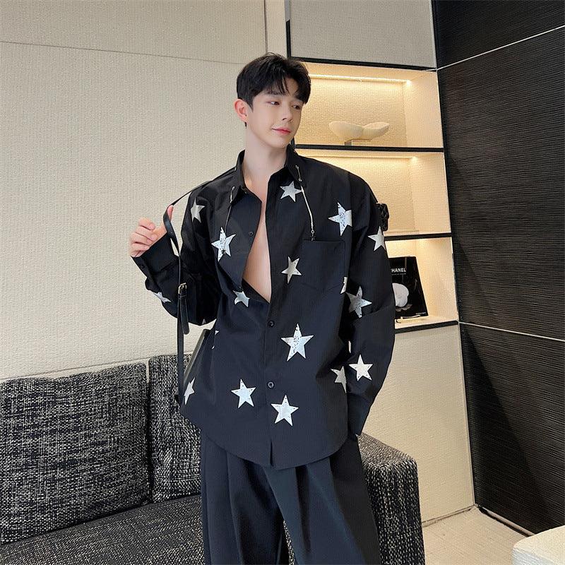 Black star-print men’s button-up shirt with open collar and decorative accents