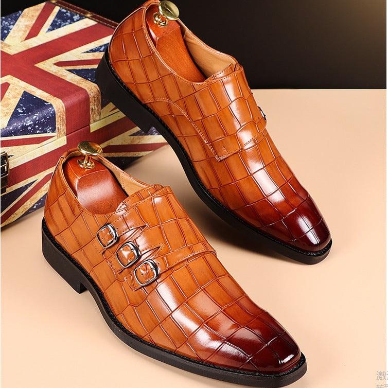 Men's cognac croc-textured loafers with double metal buckle detail