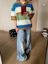 Striped Hollow Knitwear Short Sleeve Men's