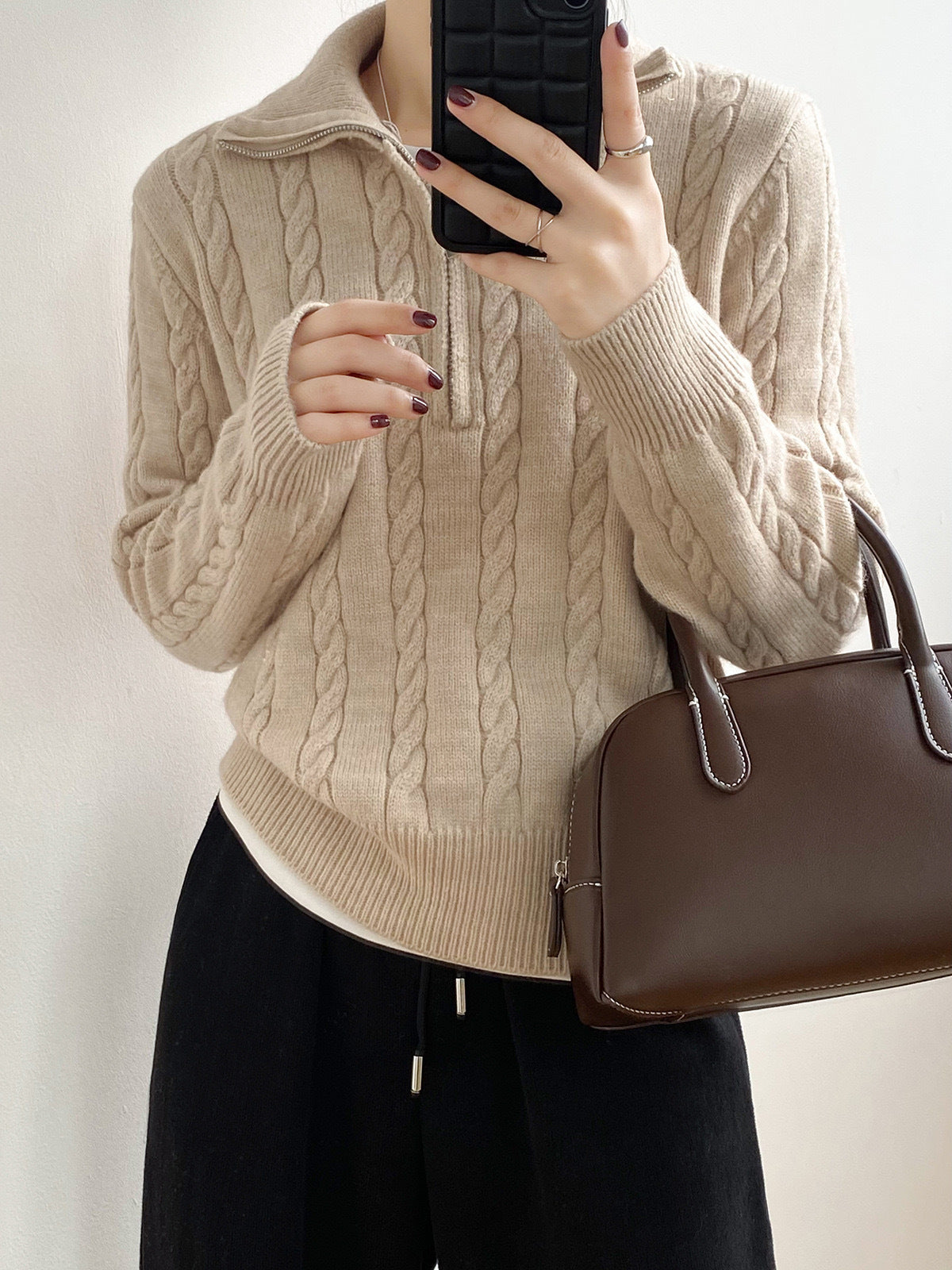 Women's One-Size Cable-Knit Half-Zip Sweater, Apricot - product view 7