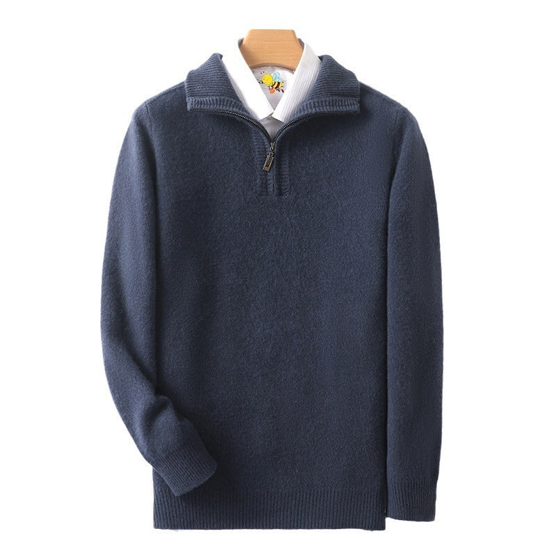 Double-strand Thickened 100 Pure Wool Knit Men's Pullover Lapel Zip-up Shirt