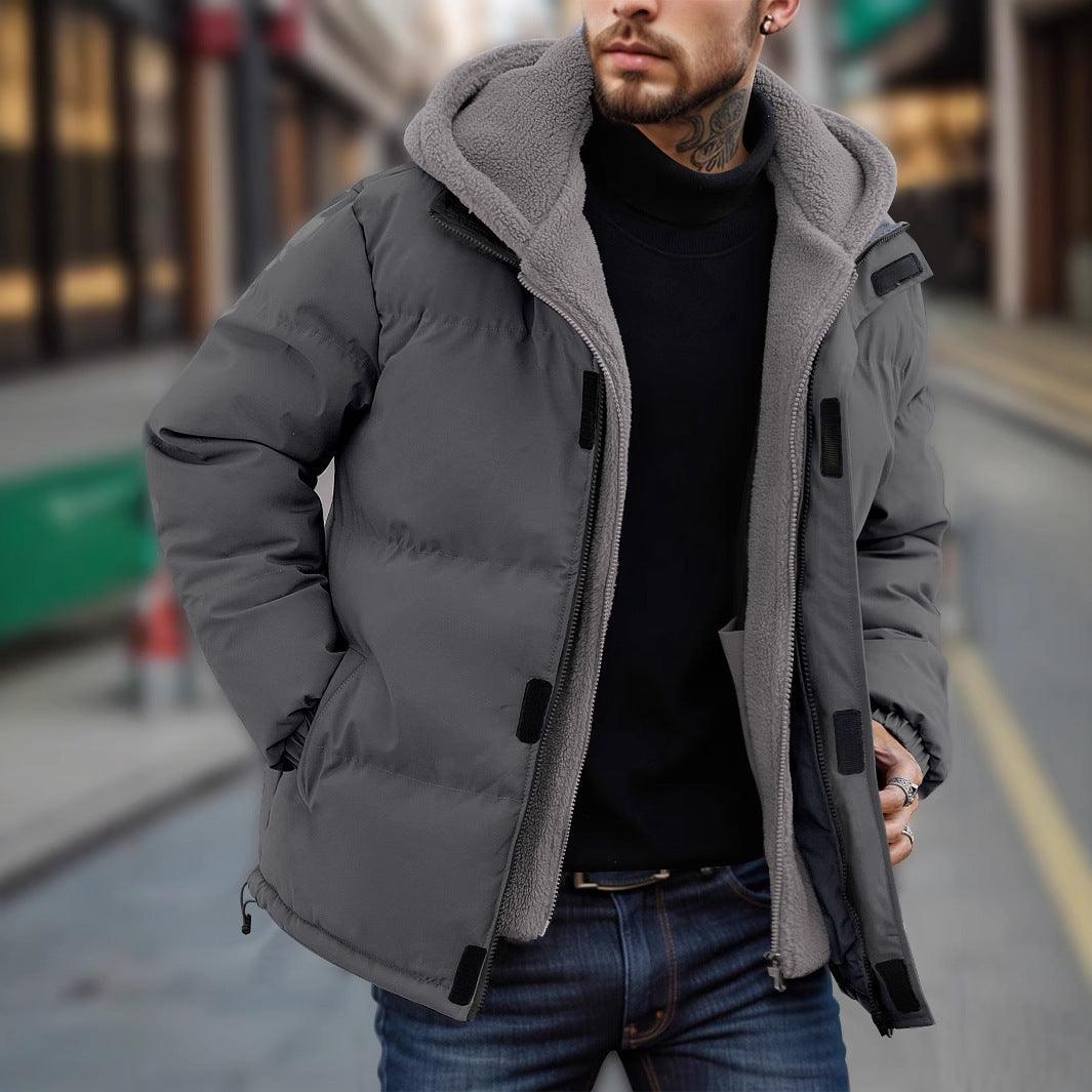Thick down puffer jacket in dark color with gray sherpa hood, full zip, side pockets