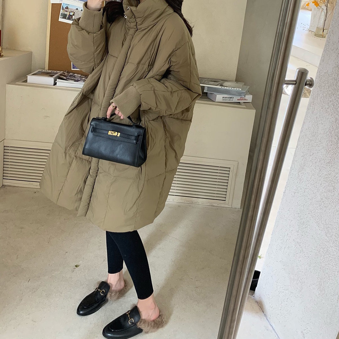 Khaki long quilted over-the-knee coat with stand collar, button front, full sleeves
