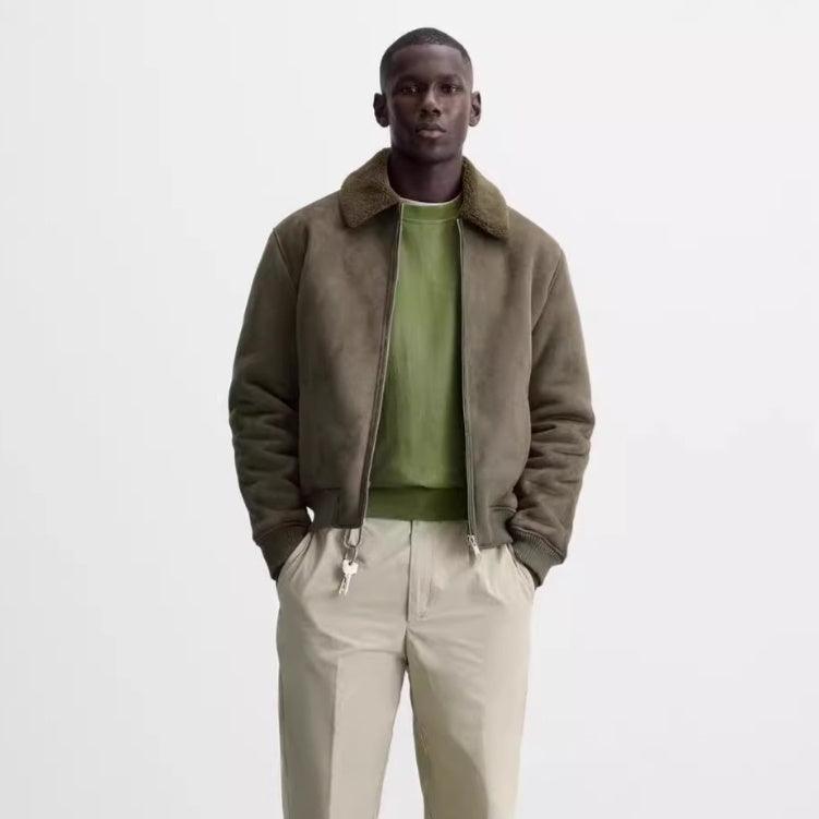 Olive suede texture zip-up jacket with stand collar and ribbed cuffs