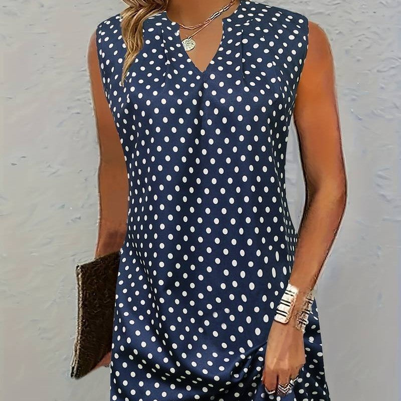 Polka Dot Printed V-neck Vest Dress - WOMONA.COM