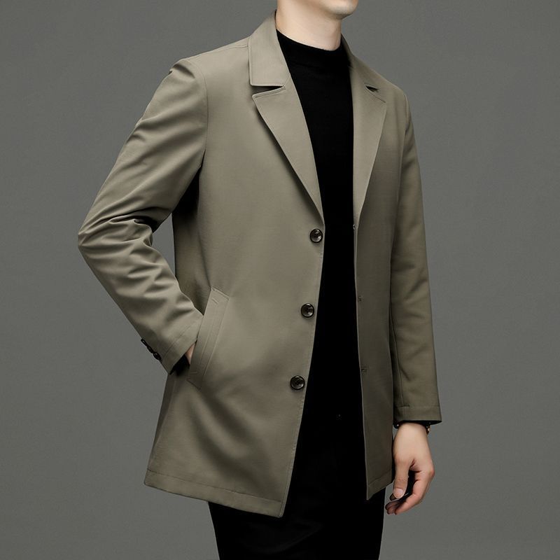 Men's mid-length oversized coat in olive with notched lapels and button front