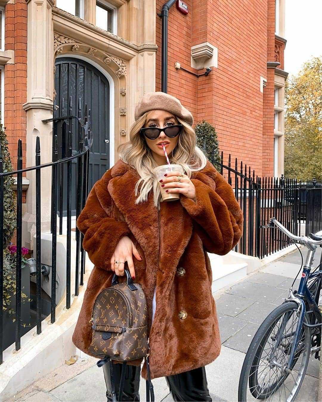 Caramel brown furry leisure coat with oversized collar and relaxed silhouette