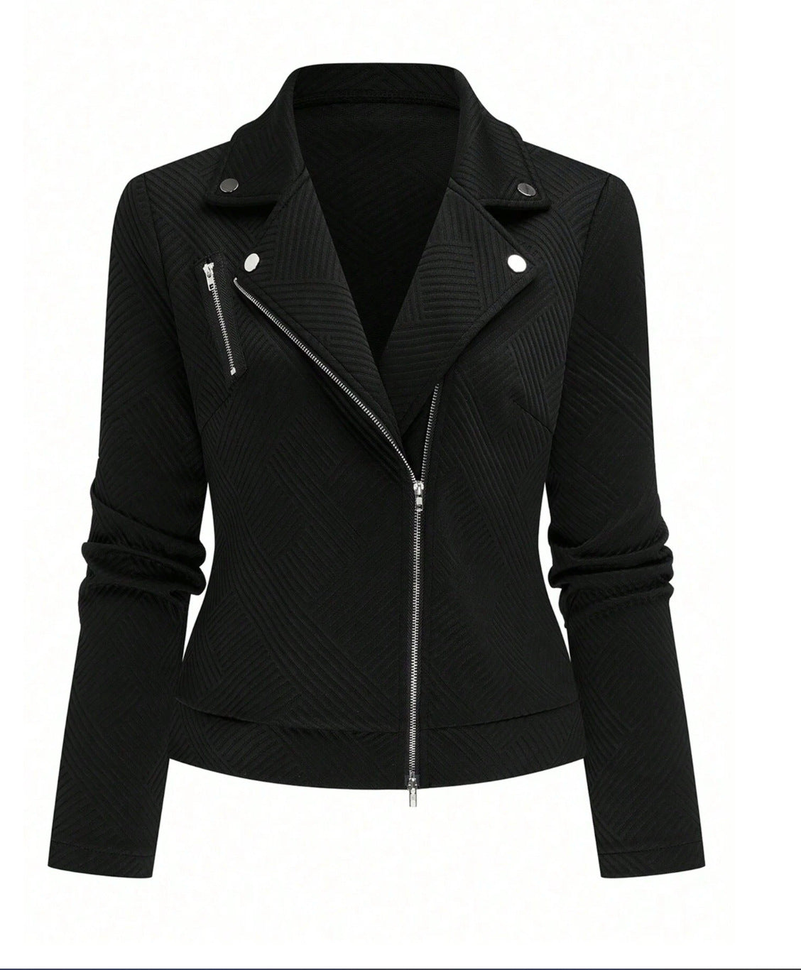 Black slim zip-up jacket with stand collar, asymmetrical zipper, long sleeves