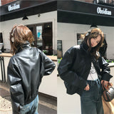 American Retro Lapels Cropped Leather Coat - WOMONA.COM