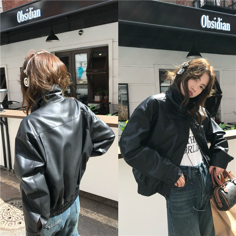 American Retro Lapels Cropped Leather Coat Female Sweet Cool Handsome