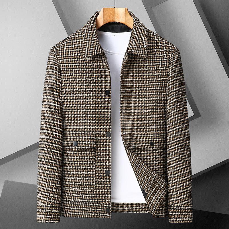 Brown and black houndstooth jacket, notched lapel, button-front, two flap pockets