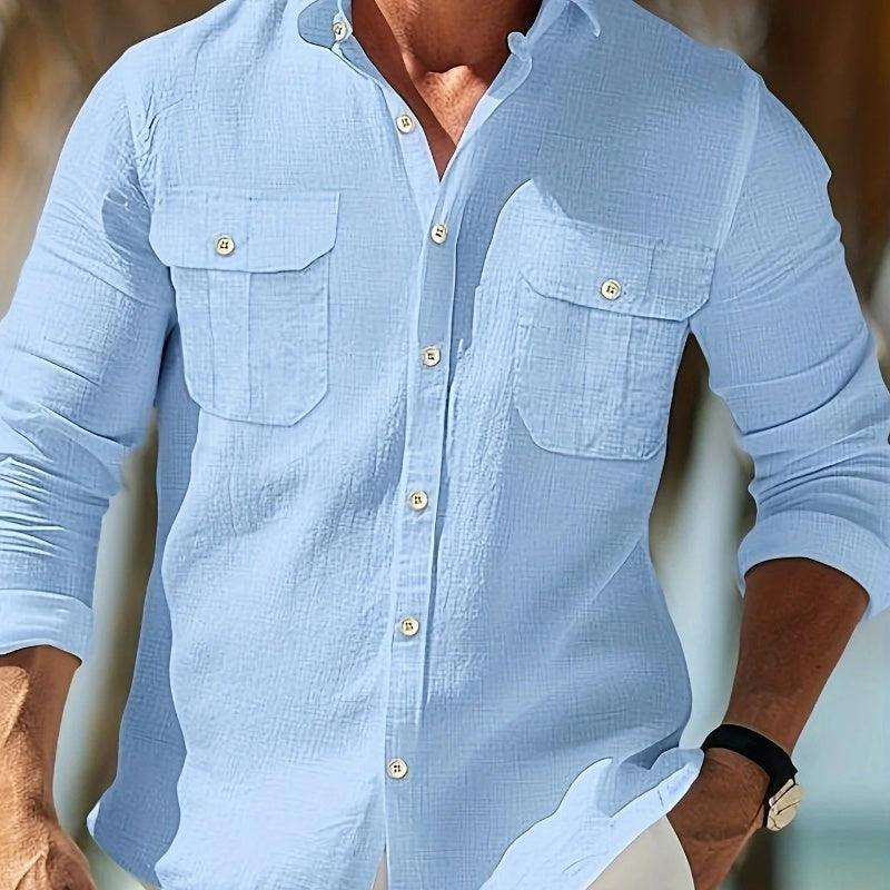 Light blue long-sleeve work shirt with pocketed lapels and button front.