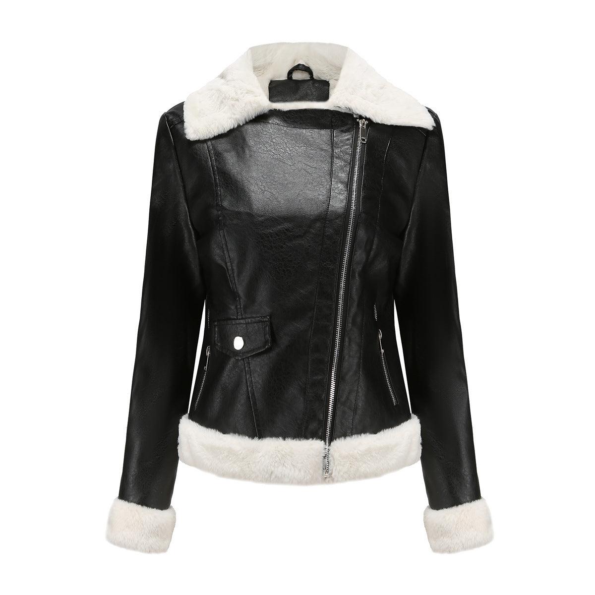 Black leather fleece jacket with white sherpa trim, zip front, chest pocket.
