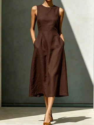 Dark brown sleeveless slim-fit midi dress with round neckline and gathered waist