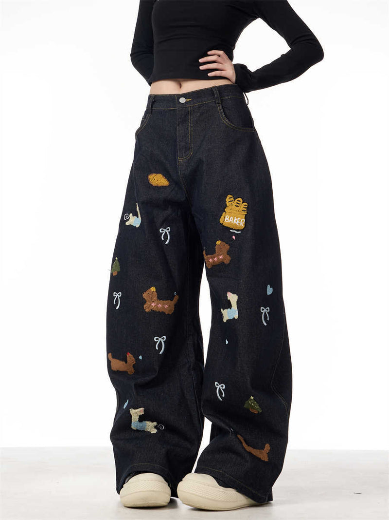 Pantalones vaqueros holgados e informales de pierna ancha con diseño de perro salchicha para mujer