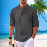 Men's Cotton And Linen Stand Collar Long Sleeve Shirt - WOMONA.COM