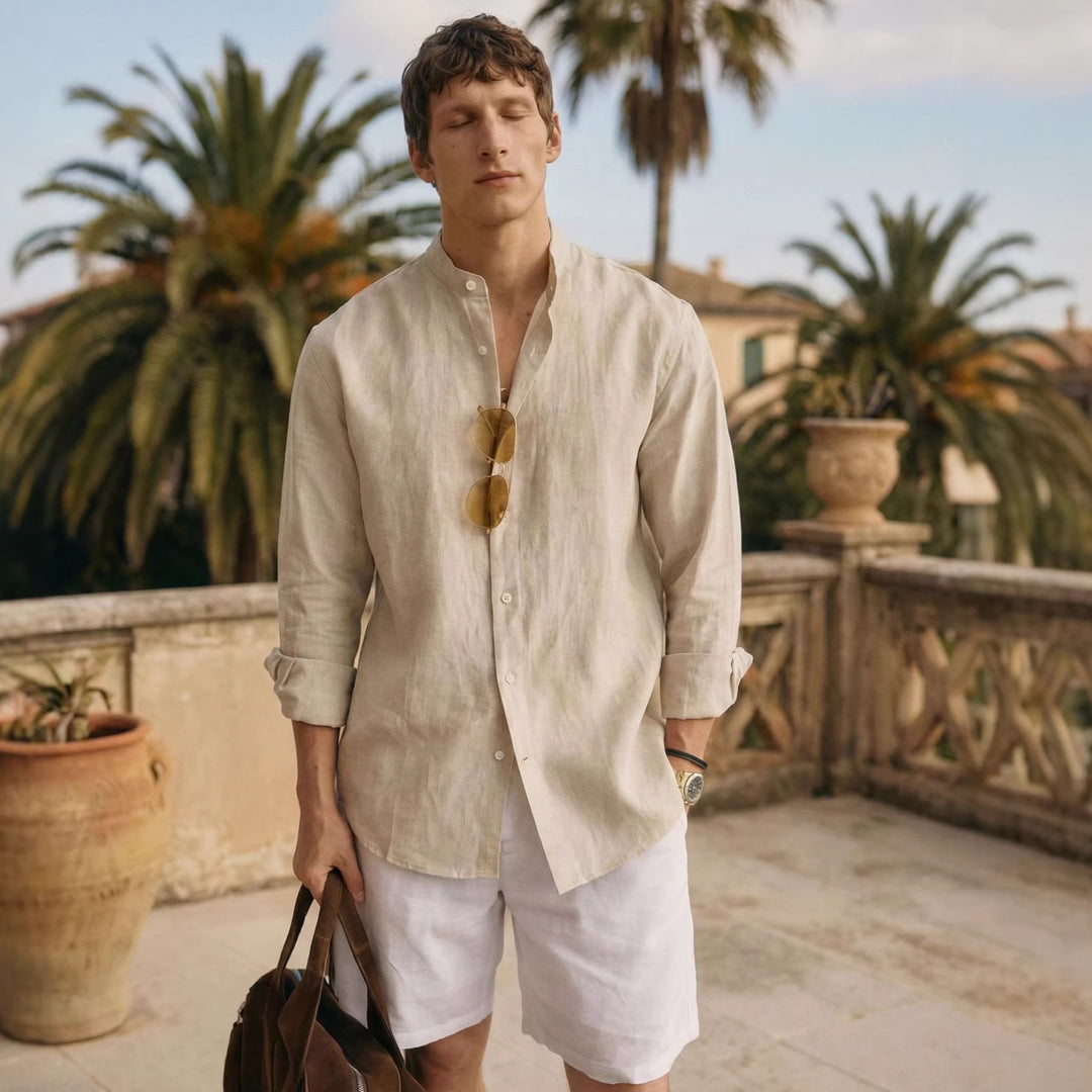 Men's beige linen button-up shirt, loose fit, long sleeves, open collar