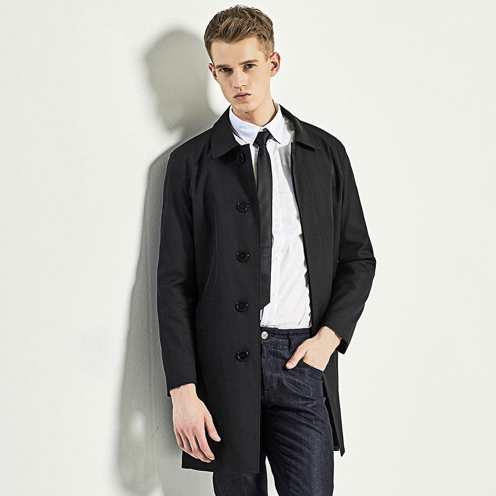 Men Trench Coat Navy Blue Single Breasted - WOMONA.COM