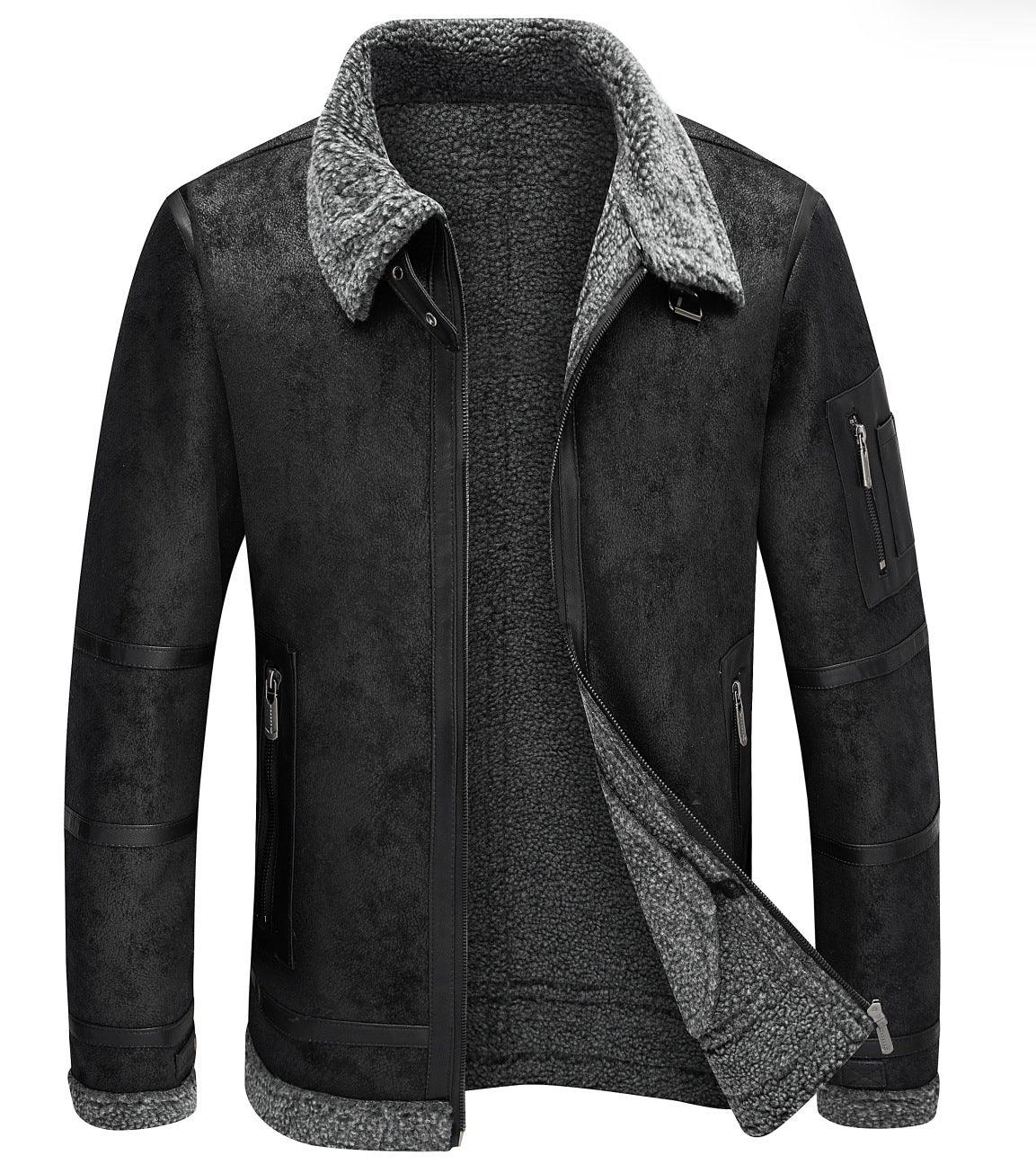 Men's black fleece-lined fur jacket with sherpa collar, full zipper, and arm stripe patches