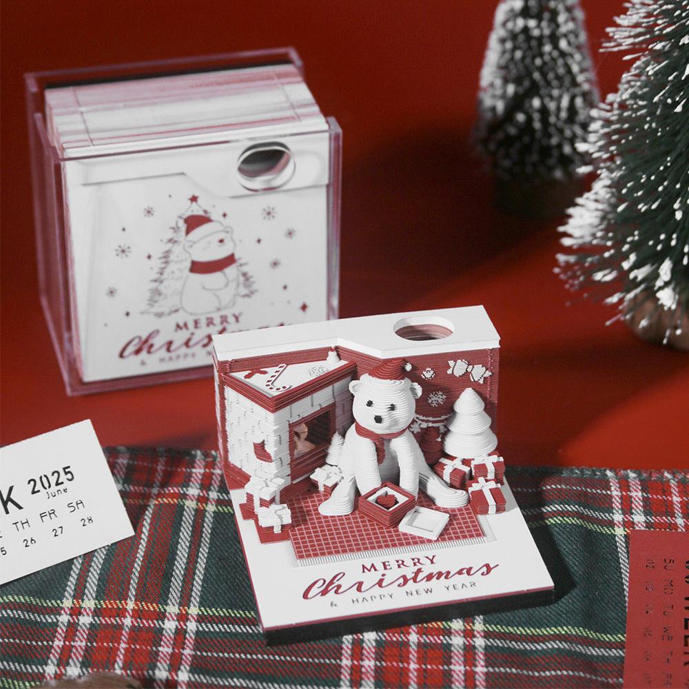 3D weekly calendar paper with white bear character, Merry Christmas cover, in clear display case