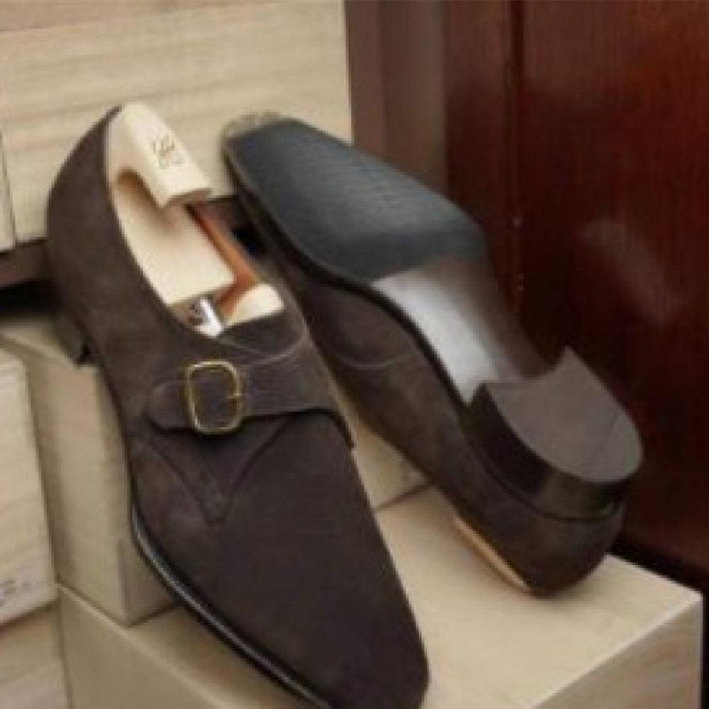 Men's dark brown suede buckle loafer shoes with square buckle strap