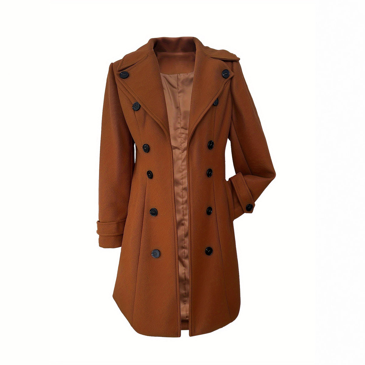 Women’s double-breasted wool coat in dark brown, standing collar and double-breasted buttons.