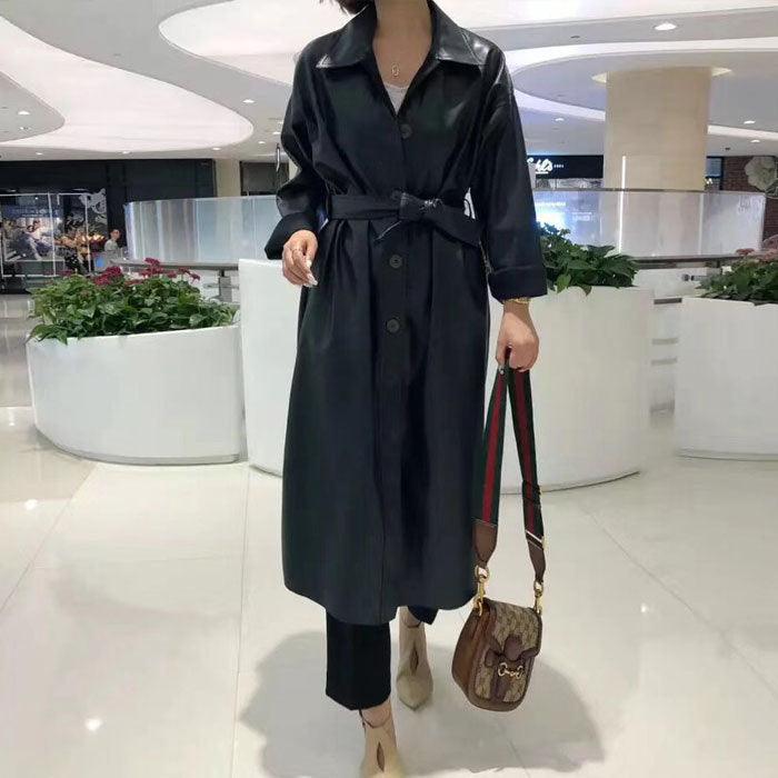 Black PU leather windbreaker coat with belt, button front, long sleeves