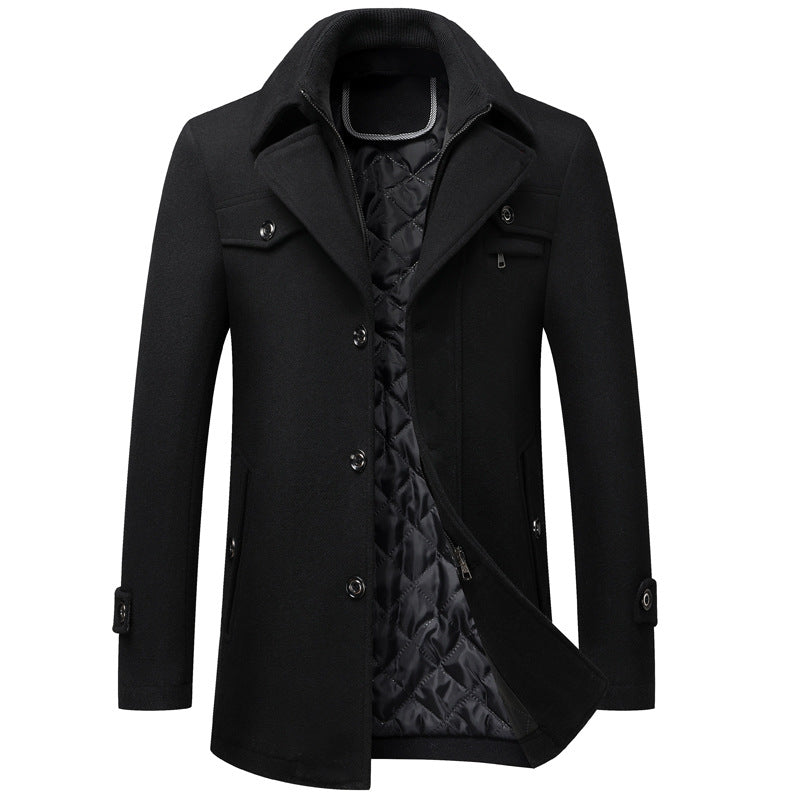 Black wool overcoat jacket with quilted lining, button front, flap pockets