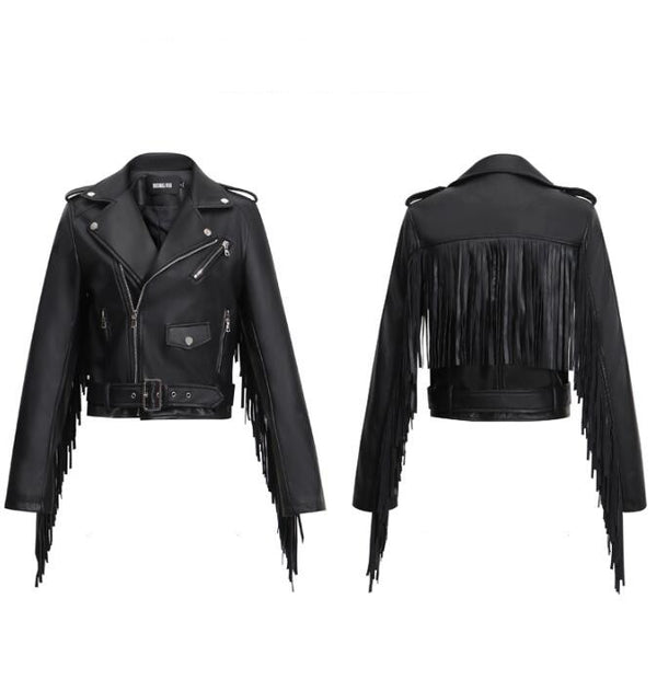 New Women's Tassel Short Slim Leather Jacket - WOMONA.COM