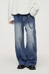 Men's Washed Blue 3D Cut Wide Leg Jeans - WOMONA.COM