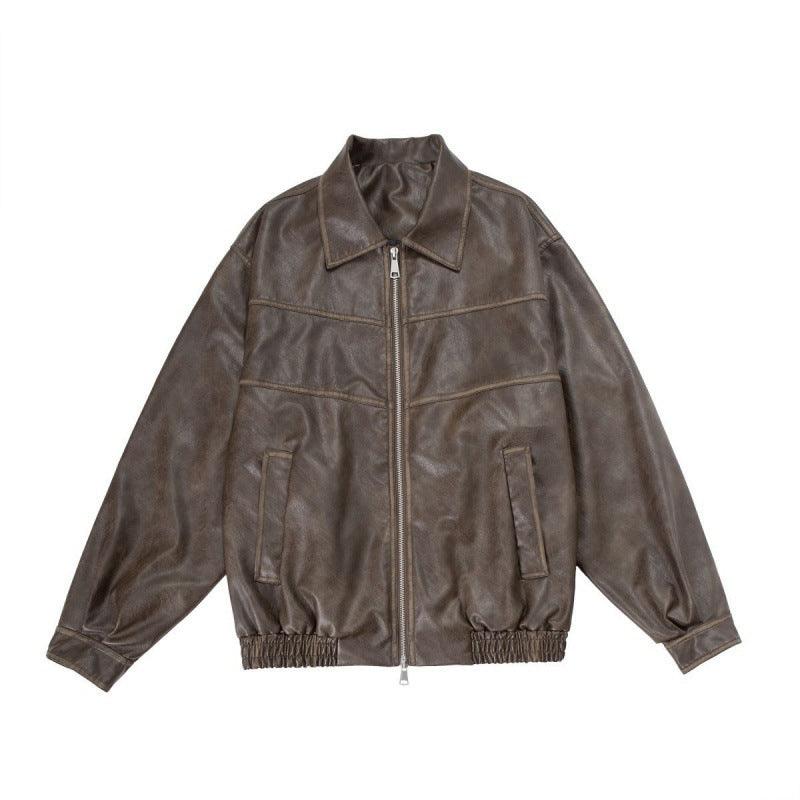 Brown PU leather bomber jacket with lapel collar, front zipper, flap pockets, rib hem