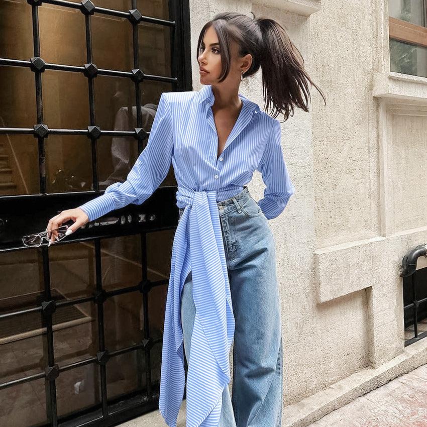 Design Sense French Style Tied Striped Shirt - WOMONA.COM