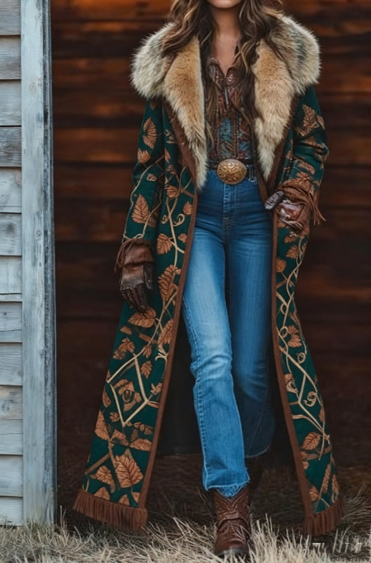 Women's long coat in dark teal with leaf print, faux fur collar, front button