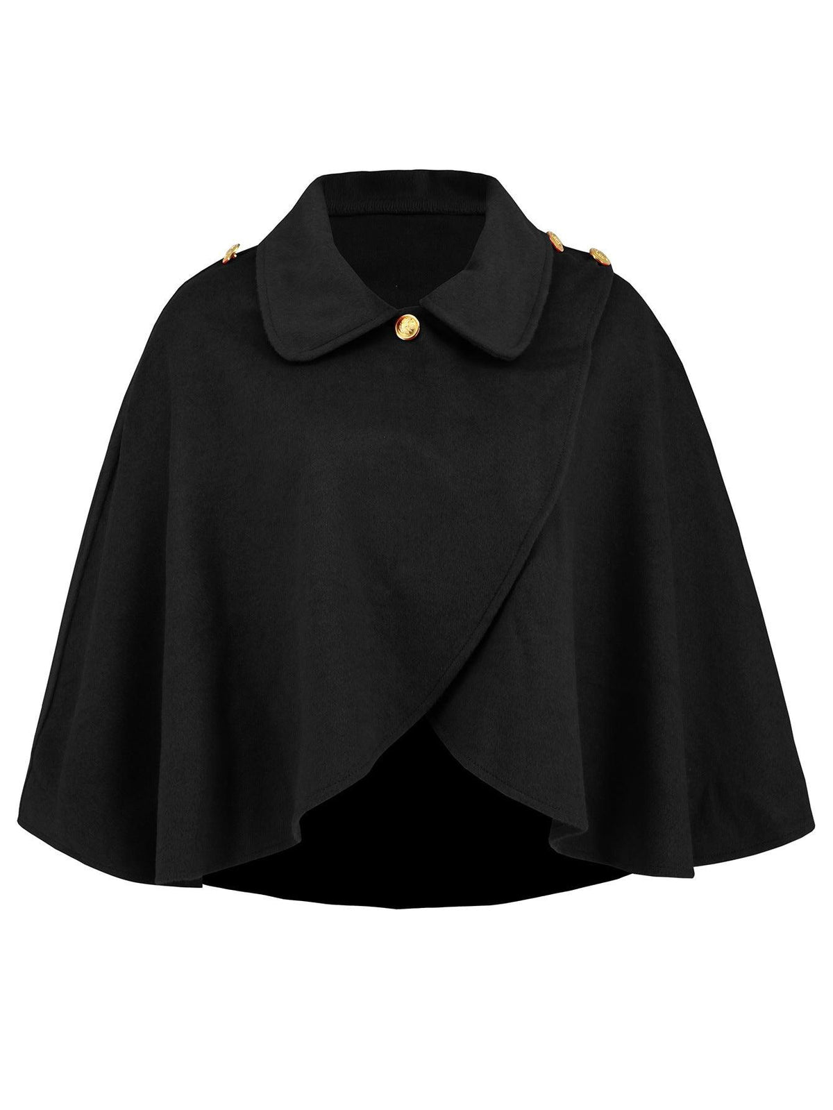 Black wool cape coat with wide collar and gold button, layered asymmetrical hem