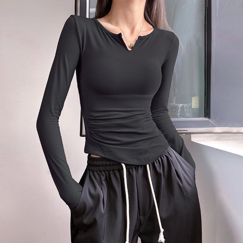 V-neck Tight-fitting Cinched Workout Top - WOMONA.COM