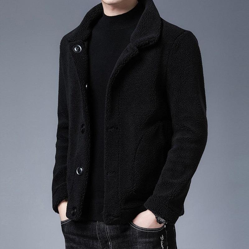 Men’s double-sided fleece jacket in black with button front and sherpa collar