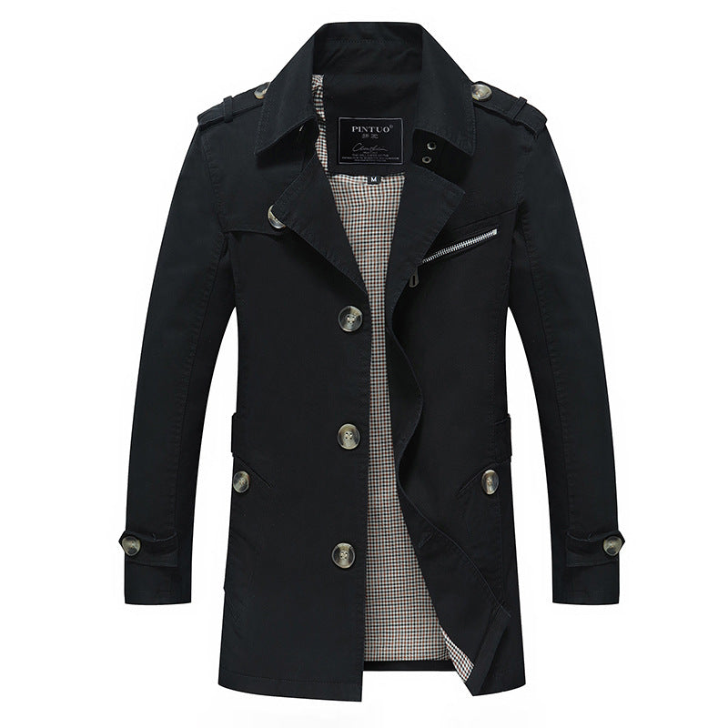 Black cotton single-breasted slim-fit jacket with notch lapels and dual flap pockets