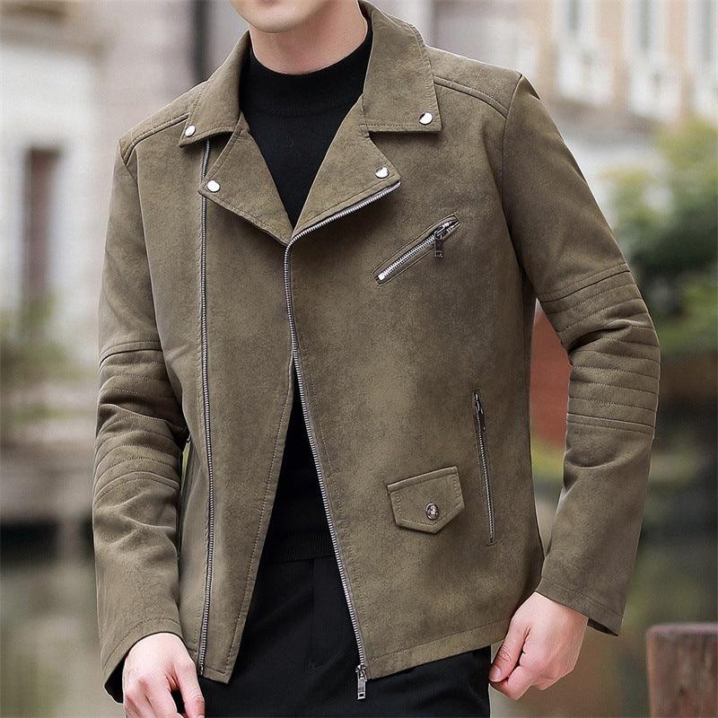 Olive velvet padded leather biker coat with snap lapels, zip front, flap chest pocket