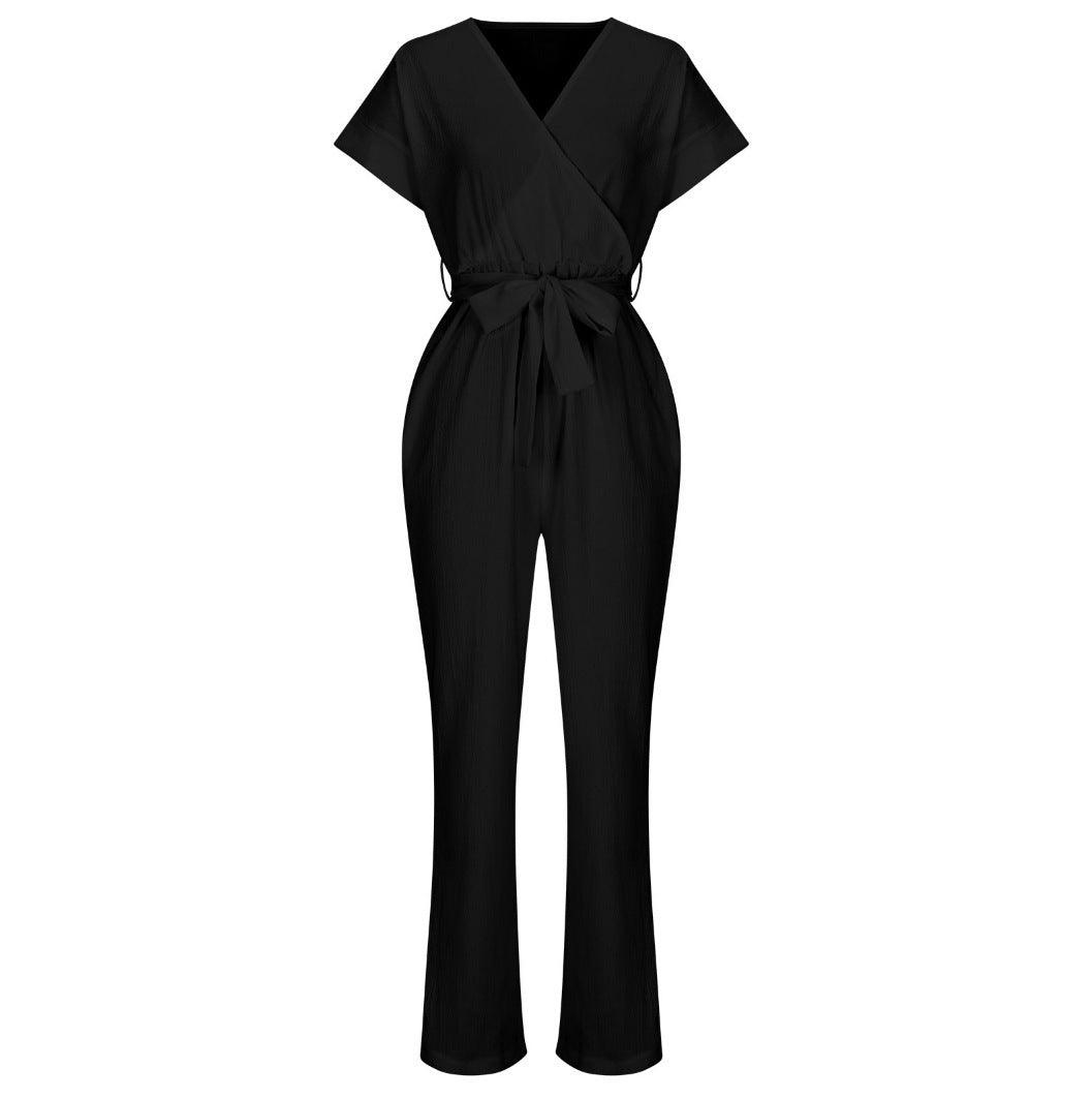 Black short-sleeve V-neck jumpsuit with waist-tie and straight wide legs