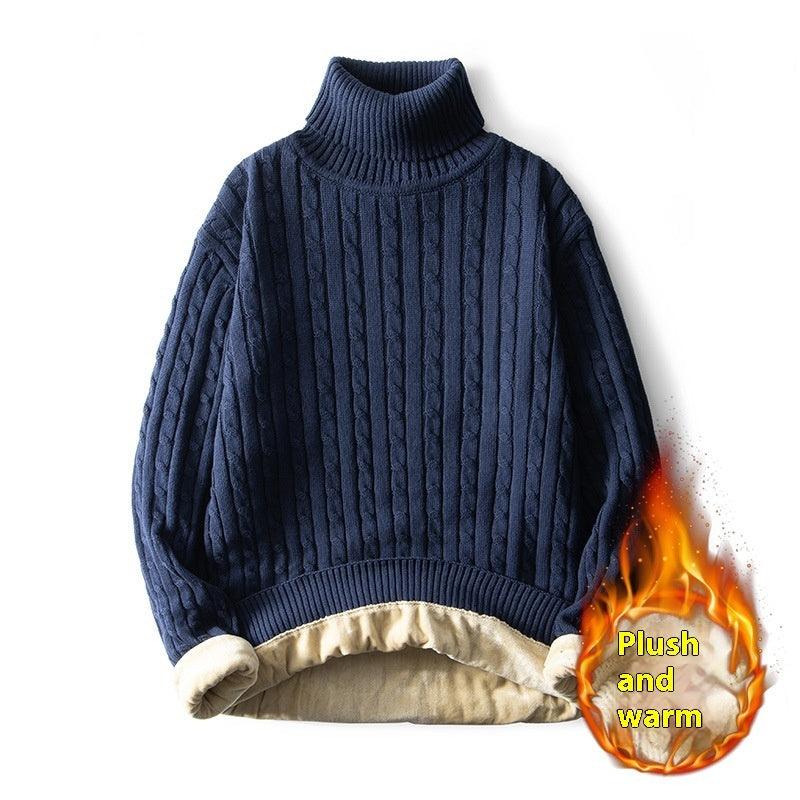 Men's fleece-lined cable knit turtleneck sweater, dark blue with beige fleece lining hem
