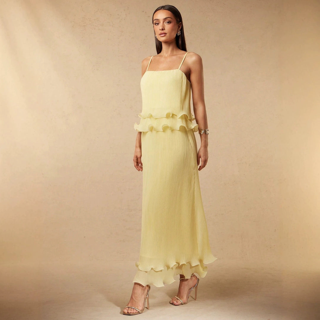 Yellow Ruffle-Trim Pleated Cami Dress — front view with slender straps