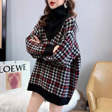 Women Fake Two High Neck Sweaters Houndstooth - WOMONA.COM