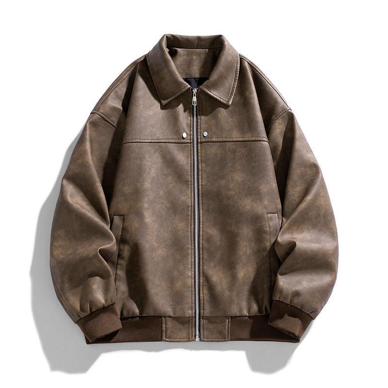 Suede-style leather coat with retro lapels, full-zip front, ribbed cuffs, brown