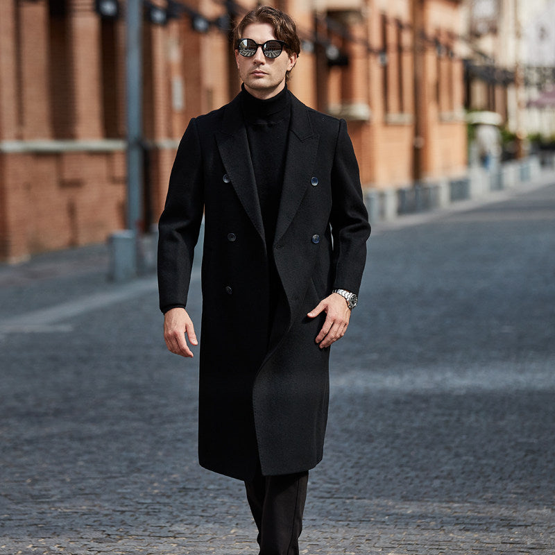 Men's black double-breasted wool overcoat, long tailored fit with notched lapels