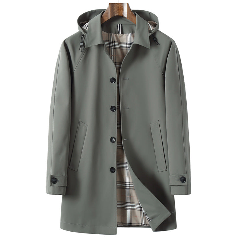 Gray trench coat with detachable hood, button front, flap pockets
