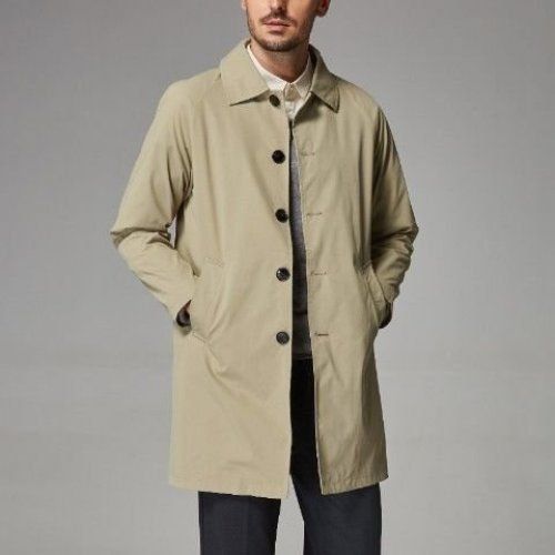 Men's mid-length trench coat, khaki, button-front with stand collar