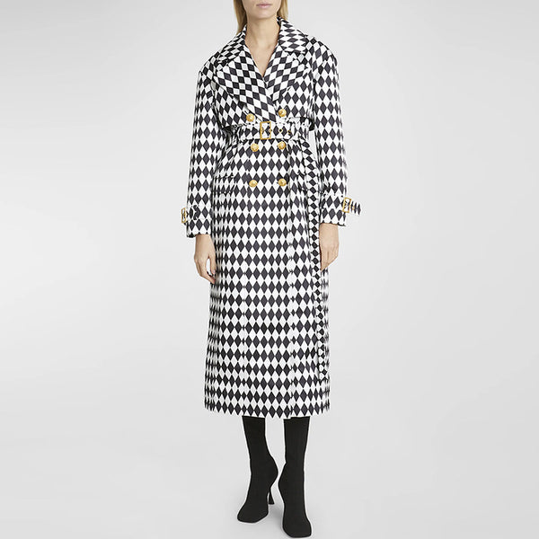 Black And White Diamond Grid Belt Long Trench Coat - WOMONA.COM